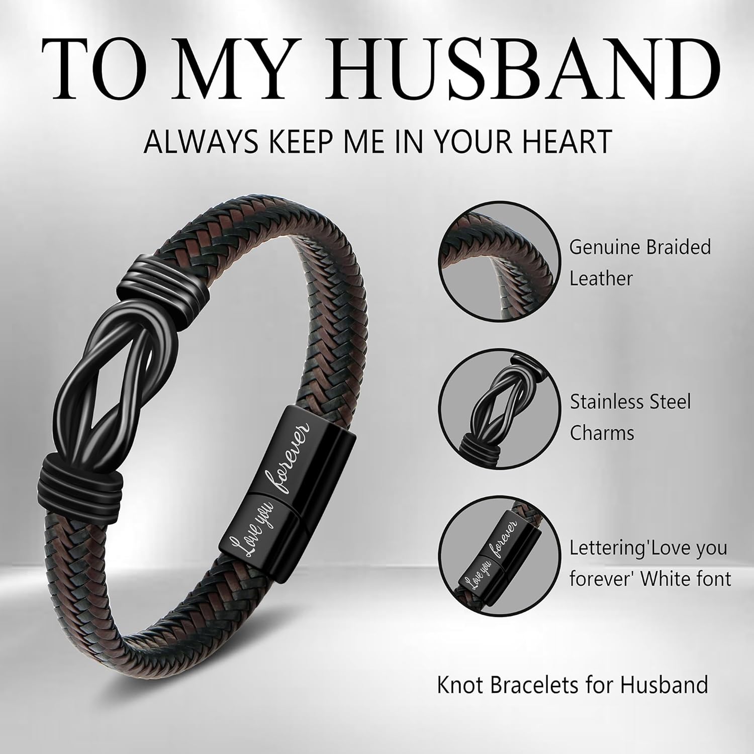 Brown Braided Leather Stainless Steel Infinity Bracelets Lettering Love You Forever Gifts for Son Grandson Husband Boyfriend Brother Always Linked Together
