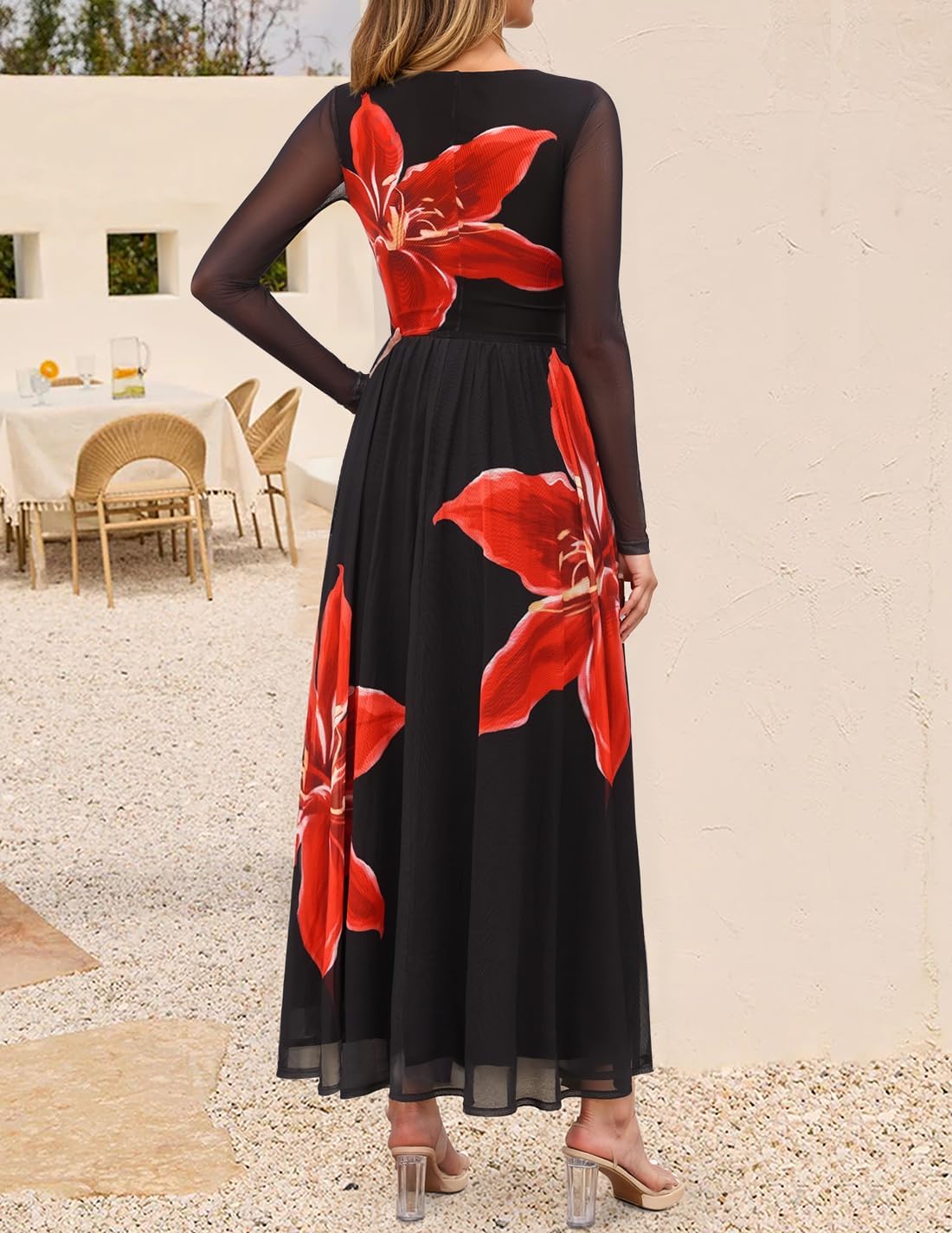 ZESICA Womens Maxi Dress 2026 Fall Long Sleeve Crewneck Floral Print Mesh Ruched Party Wedding Guest Dresses