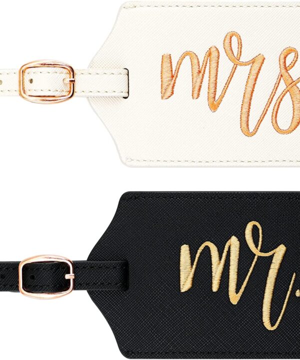 CHOIEO Mr and Mrs Luggage Tags, Bridal Shower Gift Honeymoon Gifts Wedding Gifts for Bride, PU Leather Travel Tags with Name ID Address Card (White&Black)