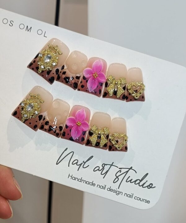 TENPAL Duckbill Nails,Brown Leopard French Tips Press on Nails with Kit,Soft Gel Fake Nails with 3D Charms Hearts Bows Flowers,Metallic Edgy Punk Y2K False Nail with Rhinestone for Winter Fall(S)