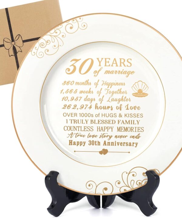 30th Anniversary Wedding Gifts for Wife 30 Year Anniversaty Plate with 24k Gold Foil Decorations for Couple Him Her Husband, Ceramic 9"