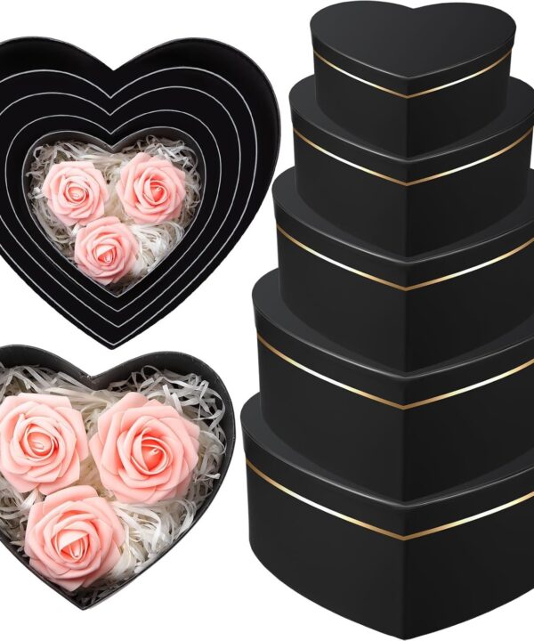 Harloon 5 Pcs Heart Shaped Boxes for Flower Arrangements Gift Boxes Heart Box with Lids for Valentine's Day Bridesmaid Proposal Wedding Birthday Baby Showers Floral Present Packaging(Black)