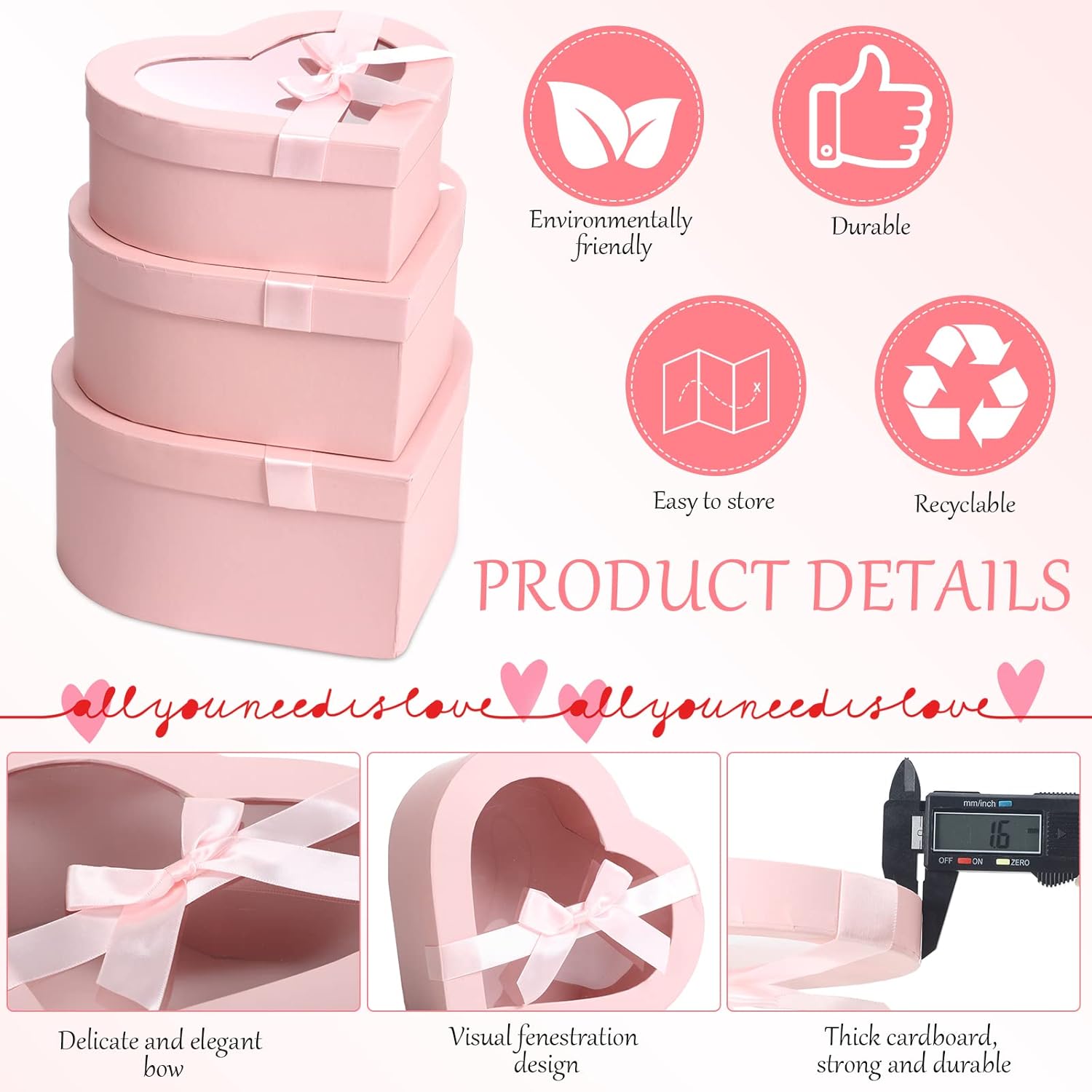 Thenshop 3 Sets Valentines Heart Shaped Boxes for Flowers Mothers Day Gift Packaging with Transparent Window Lids for Luxury Flower Arrangements Flower Box Gift Wrap Boxes for Wedding Birthday(Pink)