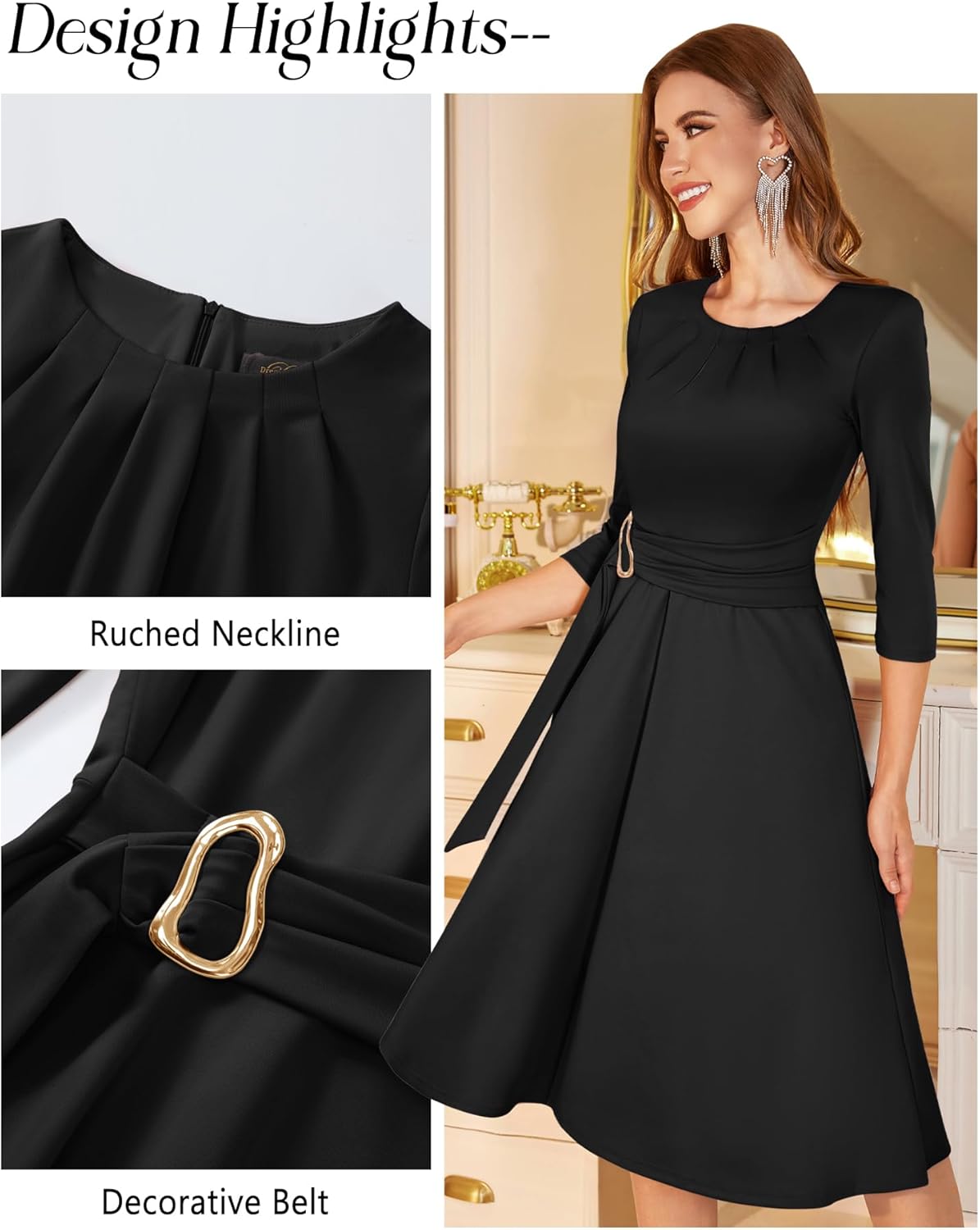 Dressystar Womens Wedding Guest Dress Spring A Line Midi Swing Long Sleeve Ruched Elegant Formal Cocktail Party Dresses 2026