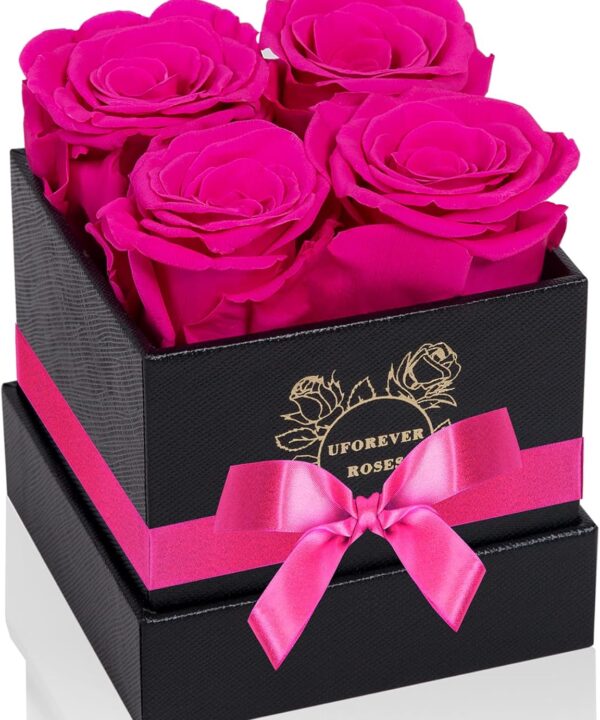 UFOREVER ROSES 4-Piece Preserved Roses in a Box, Preserved Flowers, Roses Gift for Her, Hot Pink