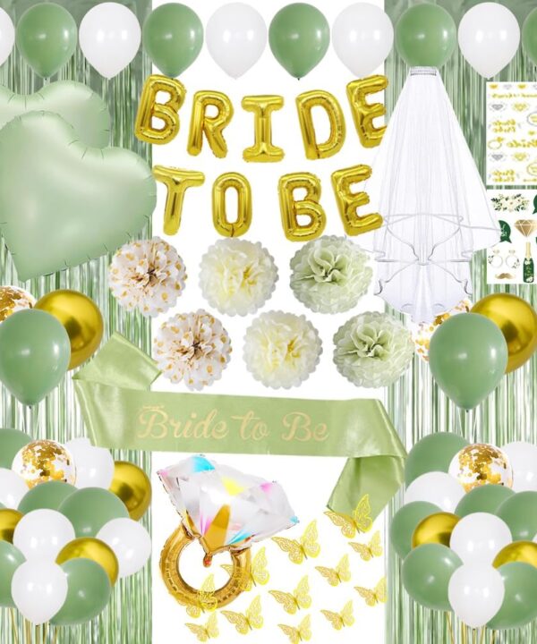 Bridal Shower Decorations,Bachelorette Party Decorations,Bride to Be Bridal Shower with Balloons,Bridal Veil Sash Fringe Curtain for Bachelorette Party favors (Green)