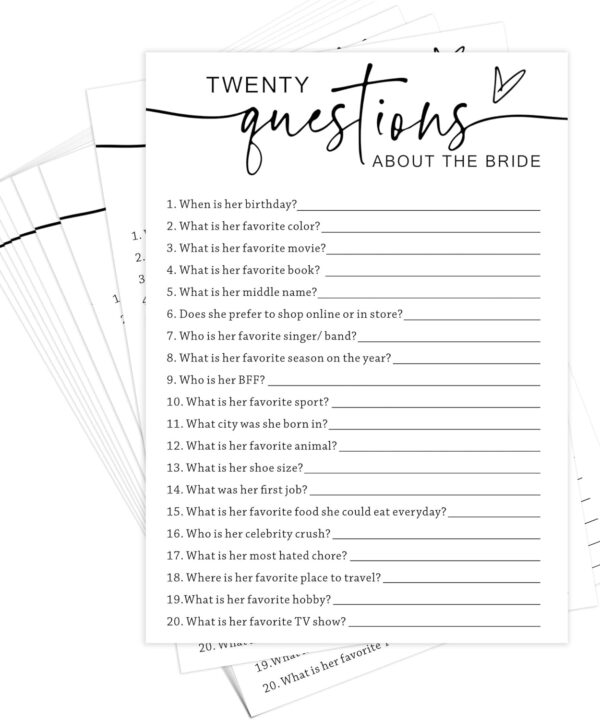 ZIIUFRN Bridal Shower Games, Twenty Questions About The Bride, 5x7 Inches, Fun and Hilarious Games for Bridal Shower, Wedding Shower, Bachelorette Party Decorations Supplies -A05