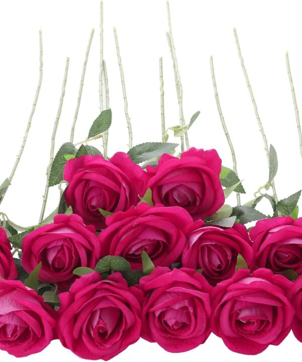 Cloudecor 12Pcs Fuchsia Roses Artificial Flowers Fake Roses Faux Velvet Silk Flower for Home Wedding Decoration (Pearl Rose, Fuchsia)