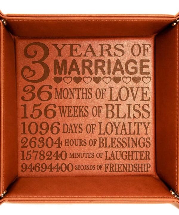 Kate Posh - 3 Years of Marriage Engraved Leather Catchall Valet Tray, Our 3rd Wedding Anniversary, 3 Years as Husband & Wife, Gifts for Her, for Him, for Couples (Rawhide)
