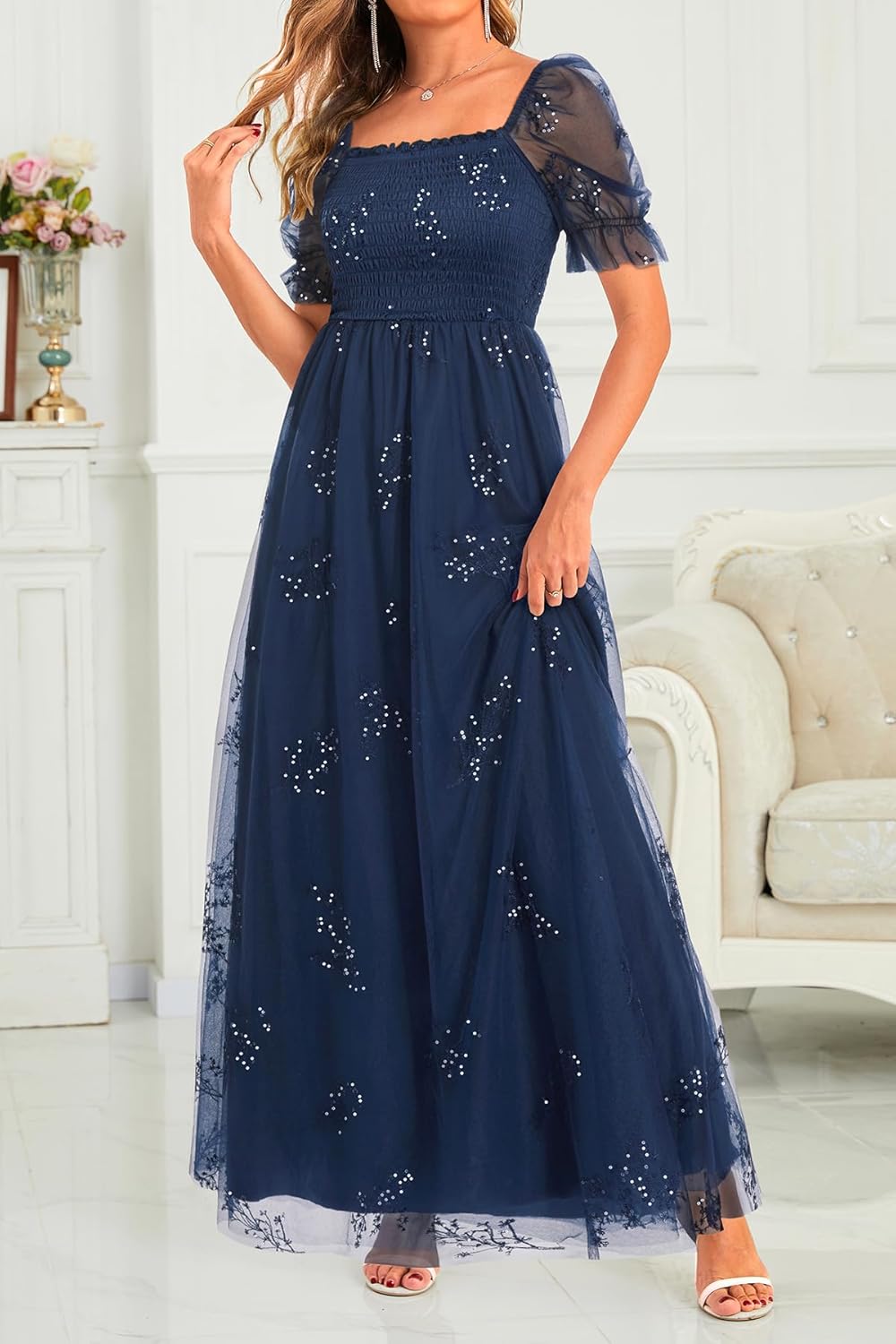 Plus Size Formal Dresses – Bridesmaid Leaf Embroidery with Sequin Tulle Prom Long Dress