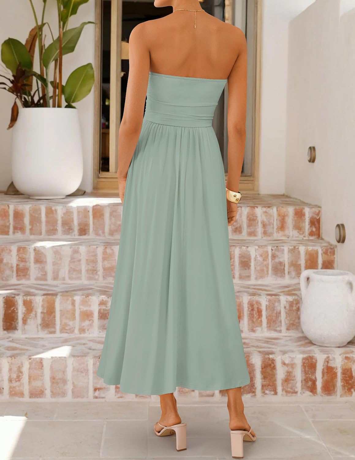 ZESICA Womens Summer Sleeveless Midi Dress 2026 Strapless Ruched A Line Flowy Wedding Guest Party Beach Long Dresses