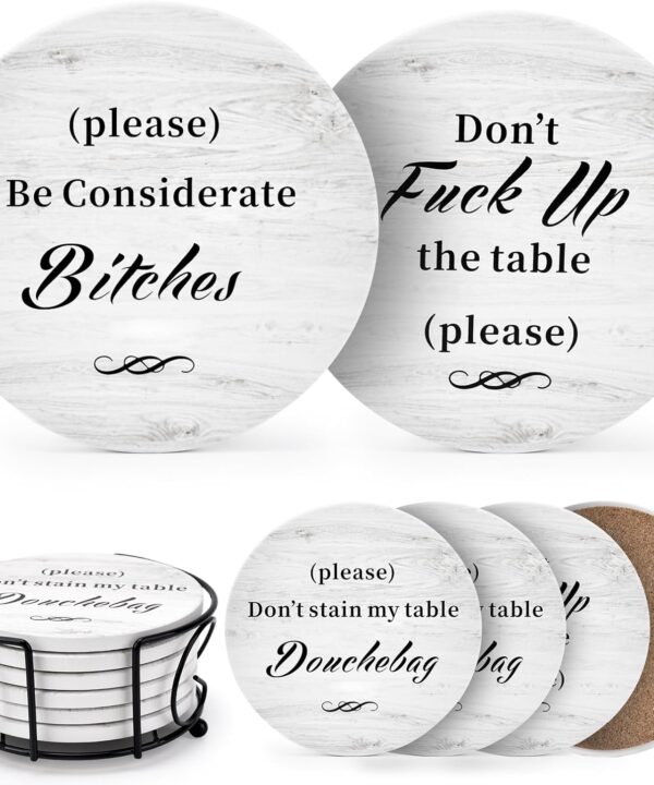 White Elephant Gifts for Adults, Funny Coasters Set of 6 with Holder Christmas Stocking Stuffers for Men Women, Gag Gifts Couples Birthday Housewarming Secret Santa Cool Friend Presents for Her Him