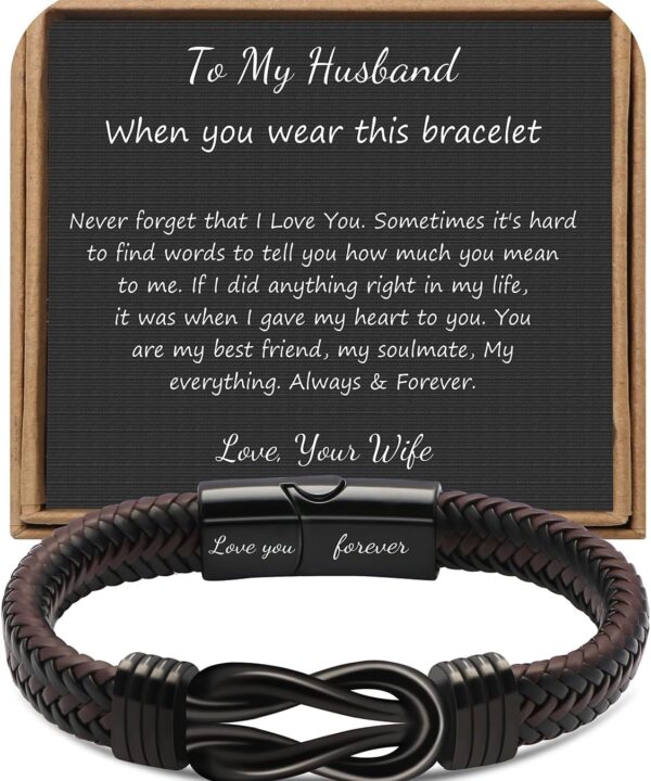 Brown Braided Leather Stainless Steel Infinity Bracelets Lettering Love You Forever Gifts for Son Grandson Husband Boyfriend Brother Always Linked Together