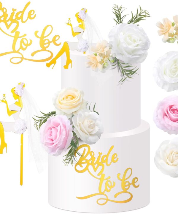 Wavwavw 16 Pcs Bride to Be Cake Topper Set Wedding Cake Toppers Acrylic High Heels Lady Girl Decor for Wedding Shower Engagement Bachelorette Hen Party Decorations (Gold)