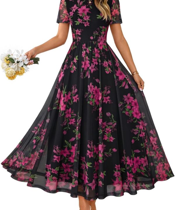 MEROKEETY Women' Summer Floral Maxi Dress 2026 Spring Mesh Short Sleeve Flowy Wedding Guest Beach Long Dresses