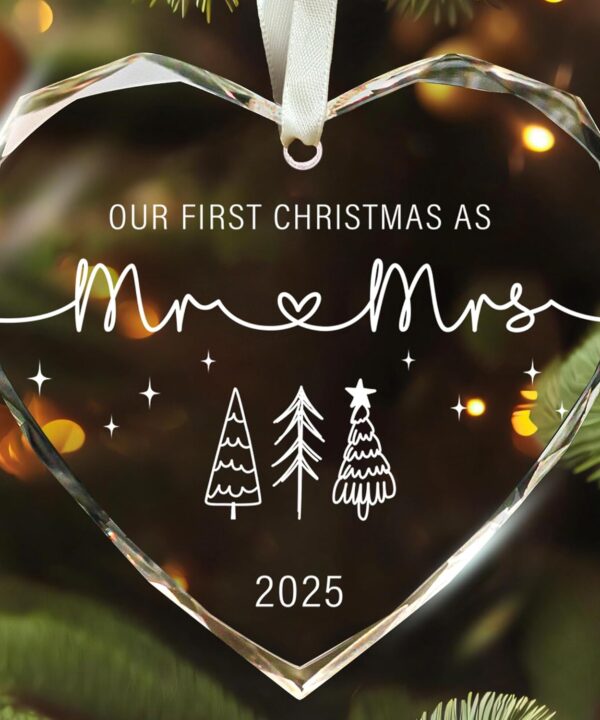 First Christmas Married Ornament 2025 - Mr and Mrs Gifts, Wedding Gifts - Wedding Gift for Couples 2025, Newlyweds, Bride - Bridal Shower Gift Ideas - Glass Christmas Hanging Ornament