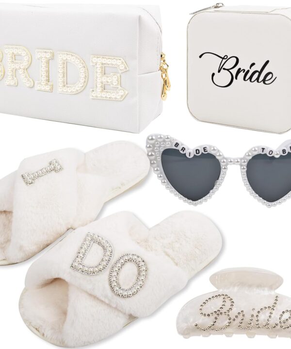 Bridal Shower Gifts for Bride - 5 Pcs Bride to Be Gift Set, I DO Slippers, Makeup Bag, Heart Sunglasses, Jewelry Box, Hair Clip, Cool Bachelorette Engagement Wedding Day Party Accessories for Her