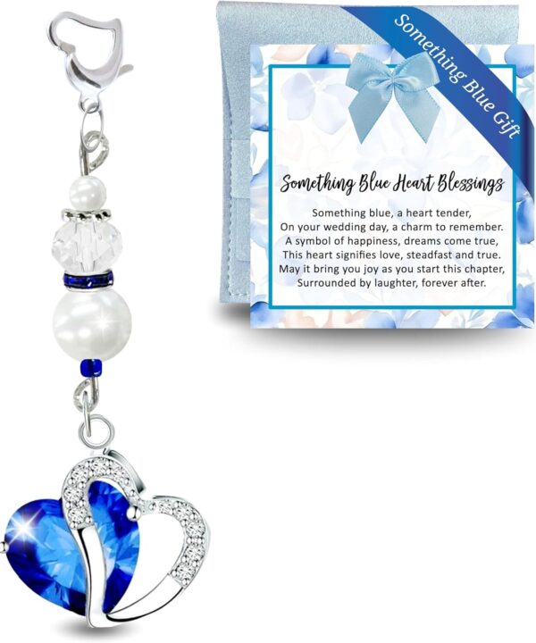 Gutsy Goodness Something Blue Heart Wedding Bouquet Charm Gift For Bride, Handmade Silver Tone Sparkling Tradition Pendant, Jewelry Travel Pouch Accessory Set Sentimental Card, Bridal Shower Idea