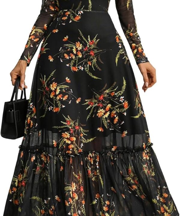 GothDark Womens Floral Mesh Dress Long Sleeve Round Neck A Line Gothic Vintage Casual Wedding Guest Maxi Dresses