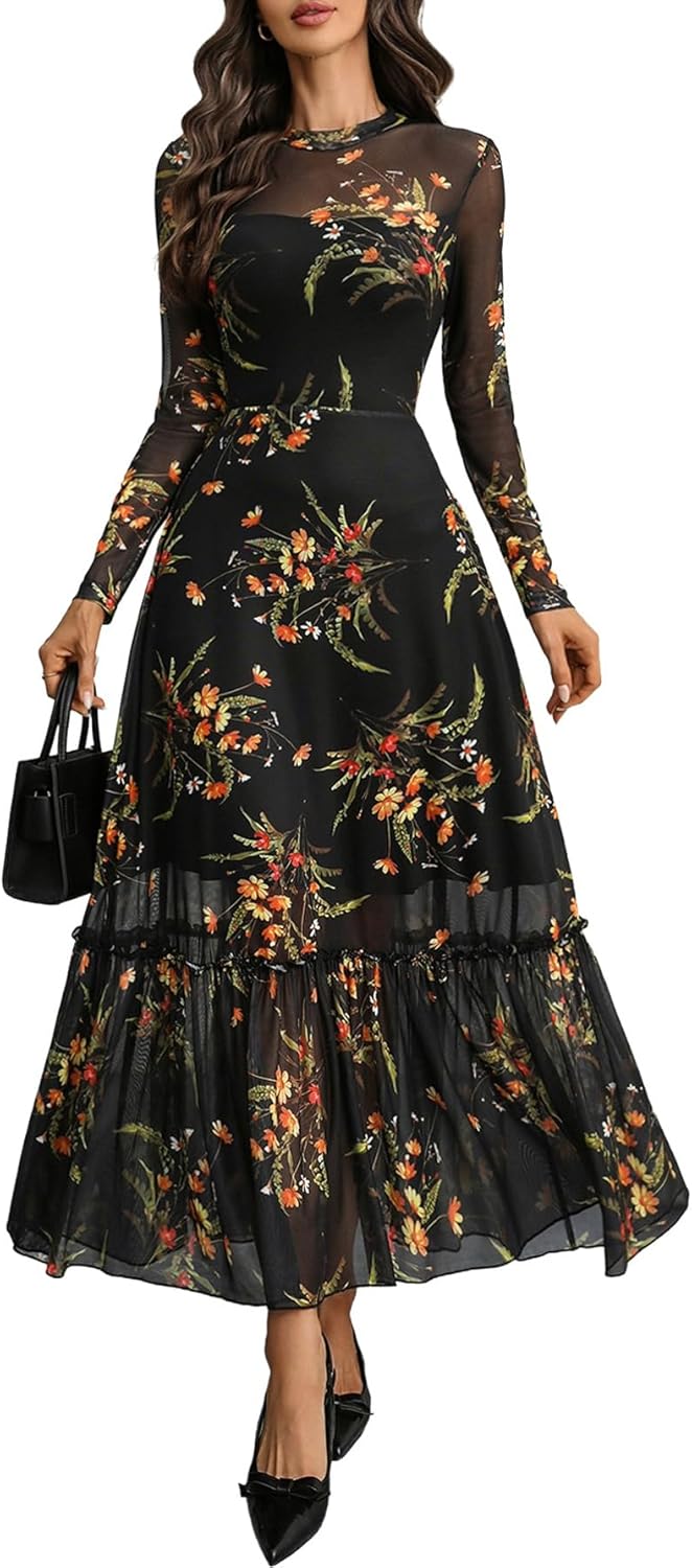 GothDark Womens Floral Mesh Dress Long Sleeve Round Neck A Line Gothic Vintage Casual Wedding Guest Maxi Dresses