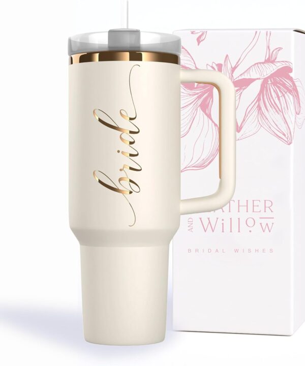 Heather & Willow Bride to Be Coffee Tumbler with Lids and Straws | 40 oz Mason Jar Cups & Iced Coffee Cup | Wedding Bridesmaid Proposal Gifts, Bridal Shower, Bachelorette Party Supplies & Bride Tribe