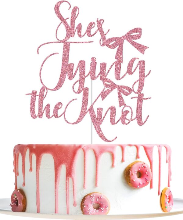 She's Tying the Knot Cake Topper, Wedding Cake Decorations, Bride to Be, Bow Themed Bridal Shower Engagement Bachelorette Party Decorations, Pink Glitter