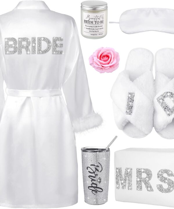 Croloose 9 Pcs Rhinestone Bridal Shower Gift Set Include Box 20 oz Tumbler Slippers Bride Robe Makeup Bag Scented Candle Blindfold 2 Artificial Rose for Bachelorette Wedding Party Gift