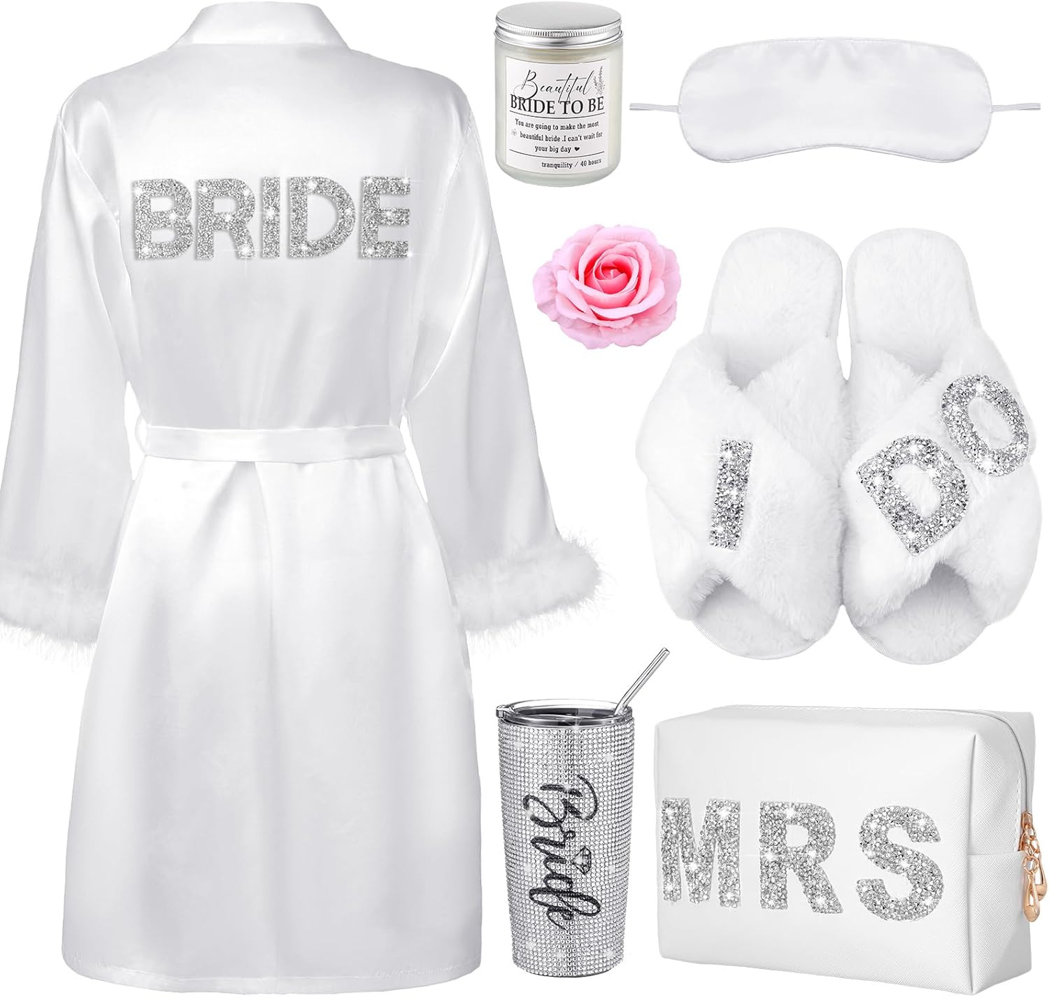 Croloose 9 Pcs Rhinestone Bridal Shower Gift Set Include Box 20 oz Tumbler Slippers Bride Robe Makeup Bag Scented Candle Blindfold 2 Artificial Rose for Bachelorette Wedding Party Gift