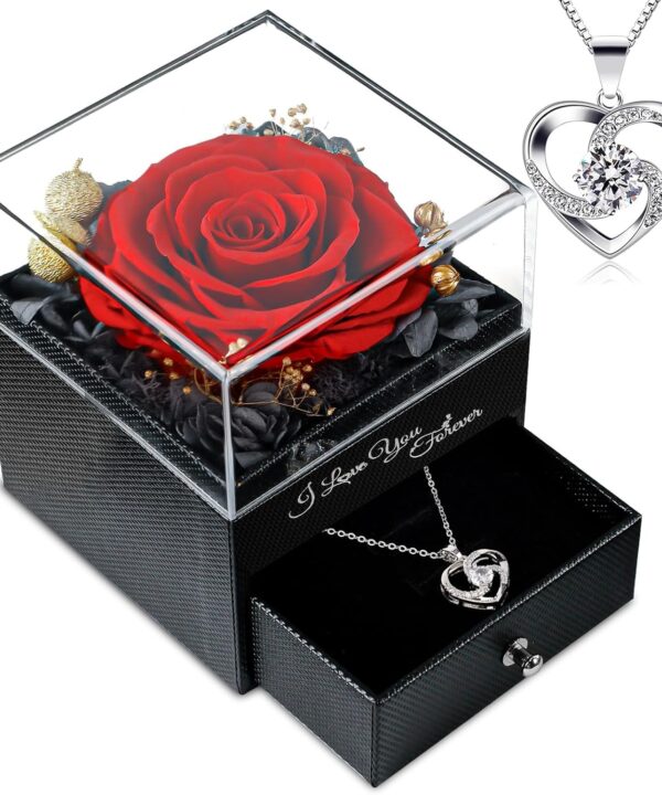 Gifts for Women Birthday, Preserved Real Red Rose with Necklace Gifts for Mom, Eternal Roses Forever Flowers Gifts for Girlfriend Mom Grandma Wife Mother's Day Birthday Anniversary