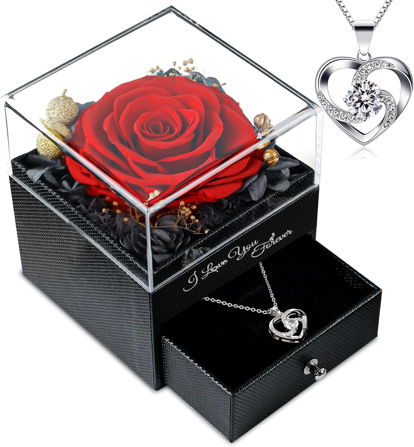 Gifts for Women Birthday, Preserved Real Red Rose with Necklace Gifts for Mom, Eternal Roses Forever Flowers Gifts for Girlfriend Mom Grandma Wife Mother's Day Birthday Anniversary