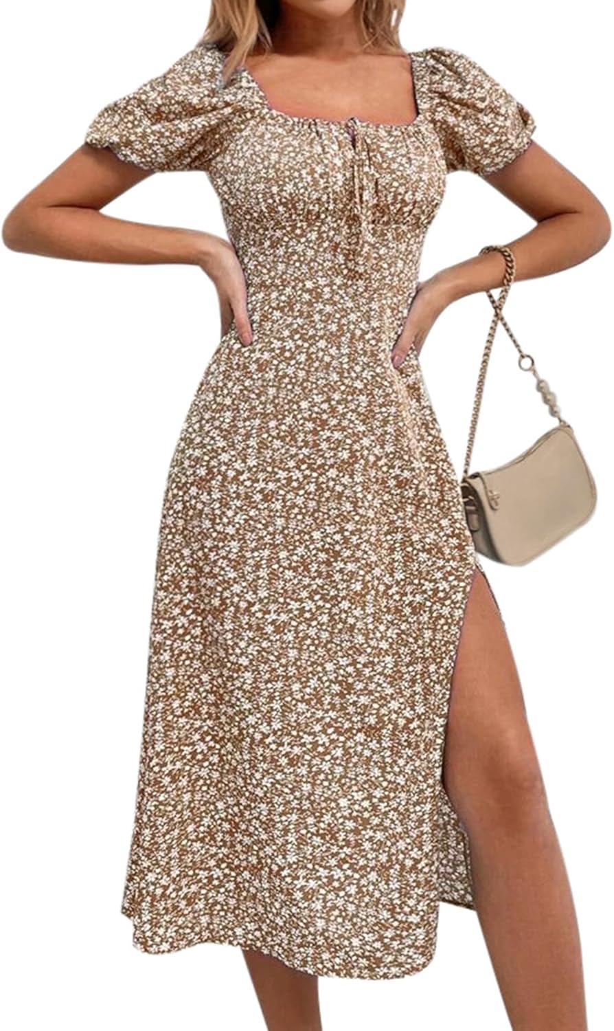 SPRIME Womens Floral Summer Casual Dress Square Neck Puff Sleeve Boho Midi Dresses Ruched Bust High Waist Split Long Dress