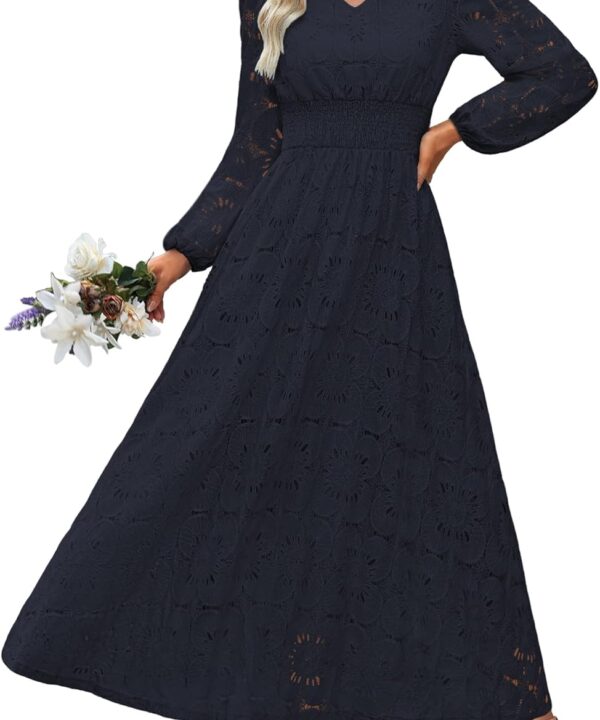 Women's Fall Long Puff Sleeve Floral Maxi Dress V Neck Lace Eyelet Hollow Out A Line Flowy Boho Wedding Guest Party Dresses