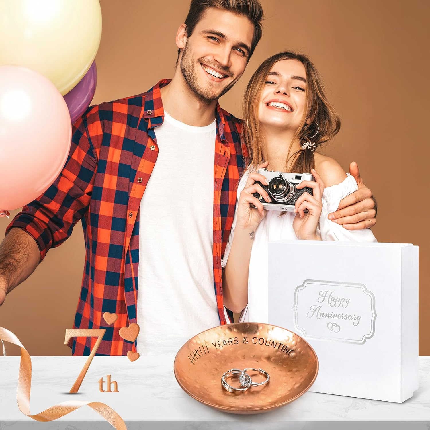 CEELGON 7th Wedding Anniversary Copper Gifts 4 Engraved Jewelry Tray Copper Decorative Dish for Couples Wedding Gift for Him or Her