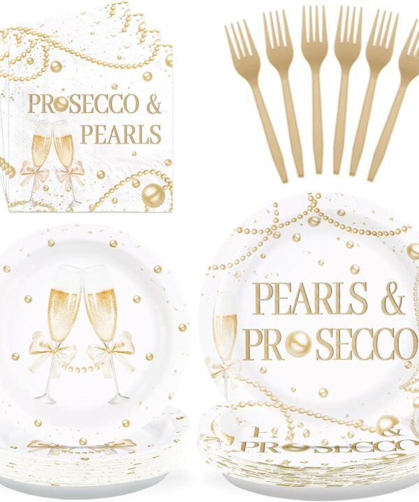 Grencian 96Pcs Pearls and Prosecco Bridal Shower Decorations Engagement Party Paper Plates Disposable Gold Pearls Champagne Party Supplies Tableware for Bride to Be She Said Yes Wedding Decor