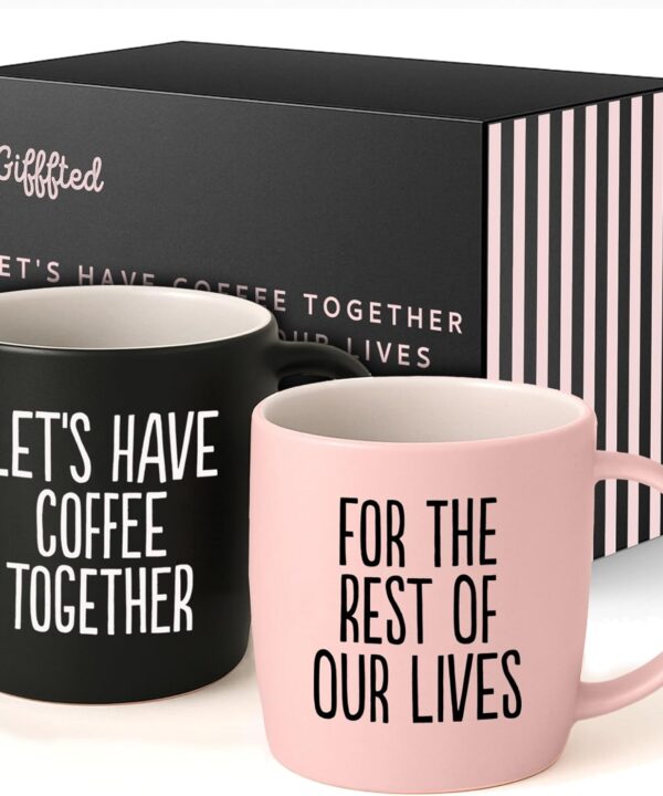 Triple Gifffted Let's Have Coffee Together Coffee Mug Set, Engagement Wedding Gifts for Couple, Bride and Groom Newlywed Bridal Shower, His and Hers, Mr and Mrs, Christmas, Valentines, Ceramic 380ML