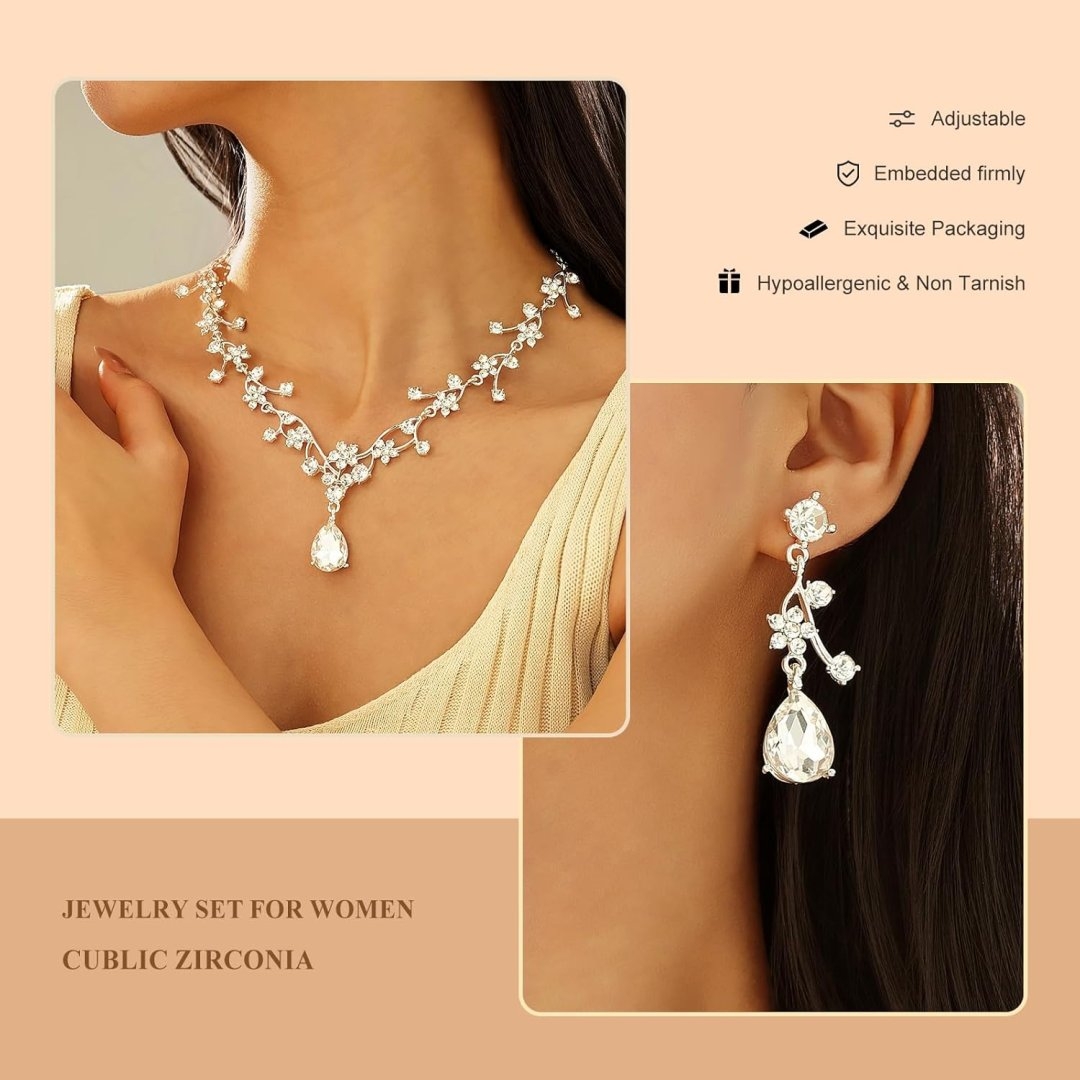 Floral Jewelry Set for WomenWedding Jewelry Sets For Brides With Crystal Necklace & Earrings for Brides and Bridesmaids