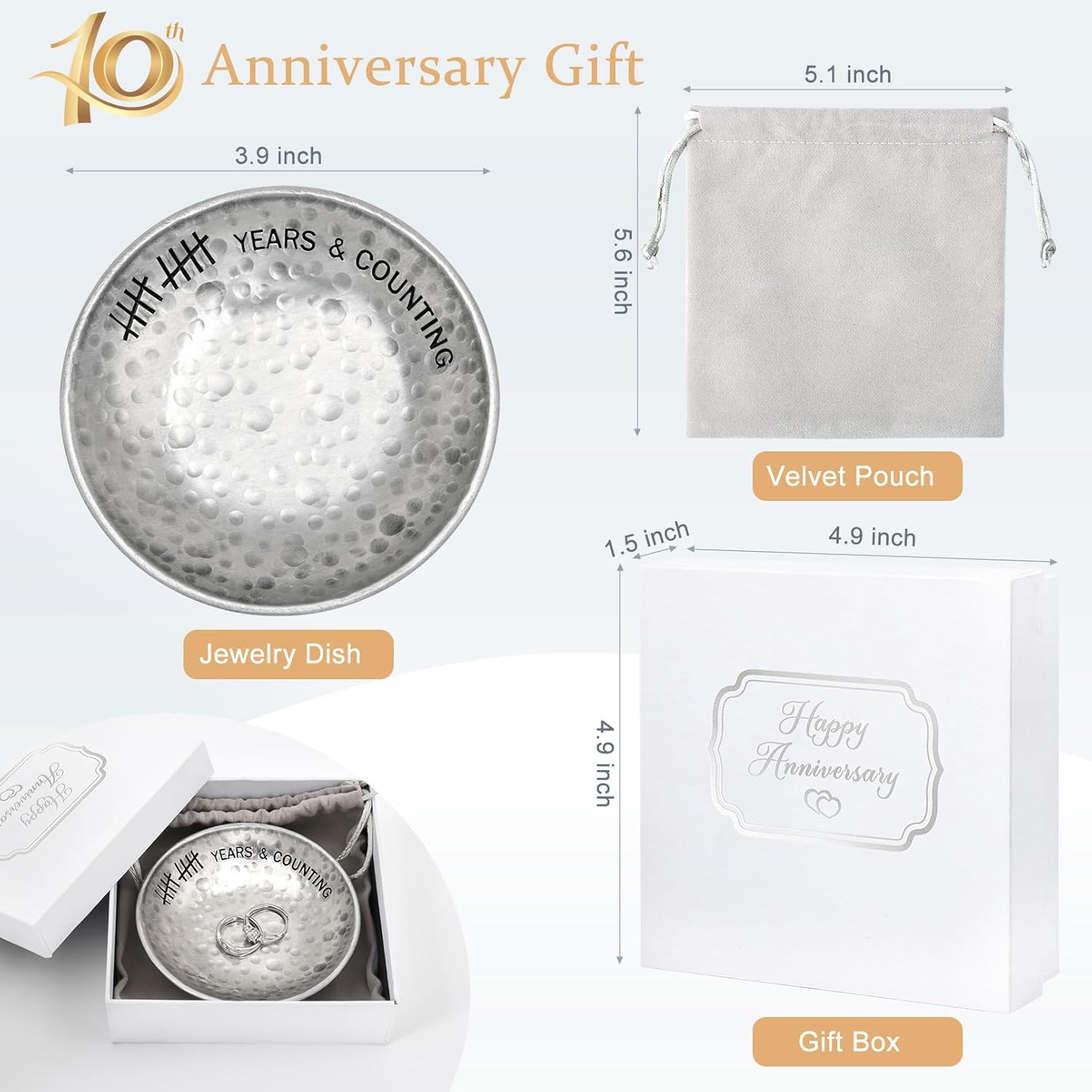 CEELGON 10 Year Wedding Anniversary Tin Gifts – 4 Tin Jewelry Tray Engraved Aluminum Decorative Dish for Couple