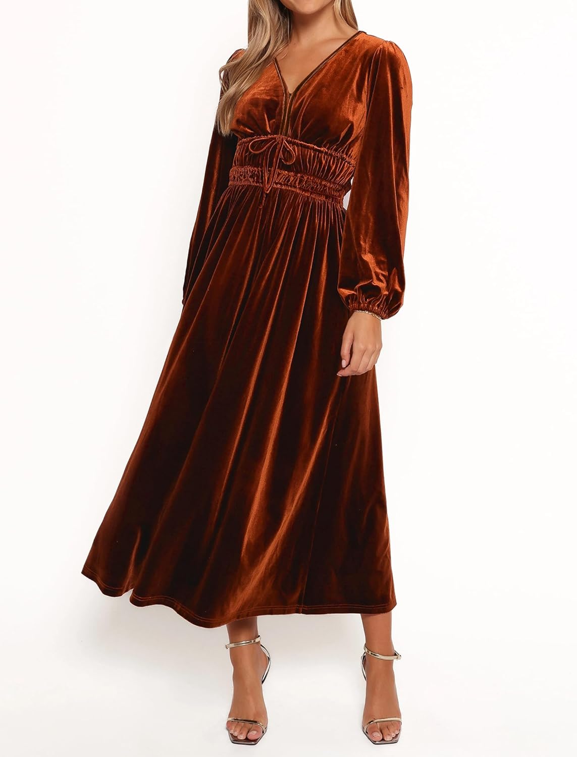 ZAFUL Womens Long Sleeve Velvet Dress 2025 Fall V Neck Holiday Cocktail Party Semi Formal Midi Dresses for Wedding Guest