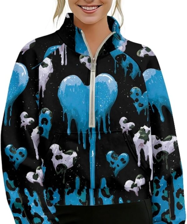 Hawapod Womens Half Zip Pullover Print Long Sleeves Casual Thumb Holes Pullover Stand Collar Crop Sweatshirts For Women