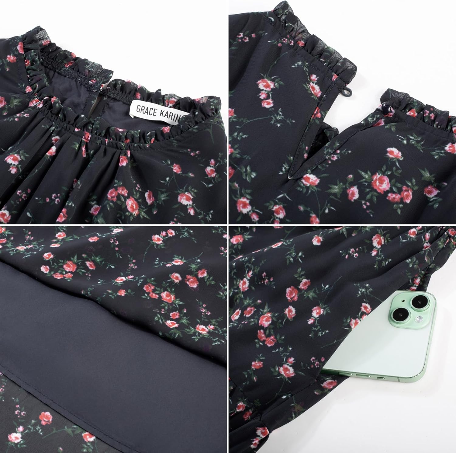 GRACE KARIN Womens Long Sleeve Maxi Dress 2026 Chiffon Flowy Wedding Guest Dresses Floral Dress with Pockets