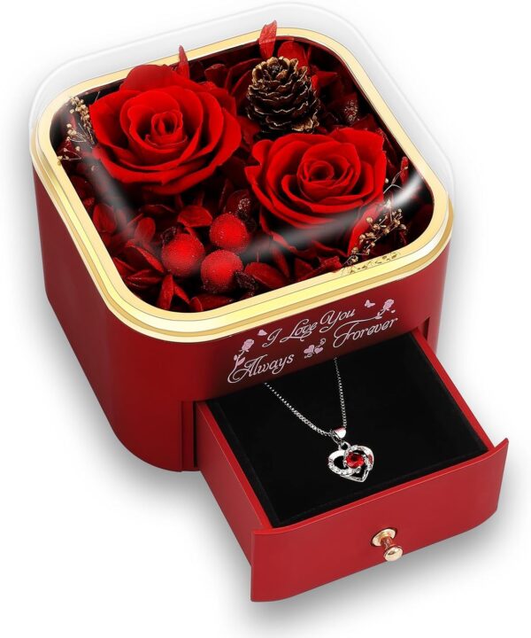 Preserved Rose Gift Box with Necklace, Valentines Day Gift for Her, Meaningful Keepsake for Wife, Girlfriend or Mom, Anniversary & Birthday Gift
