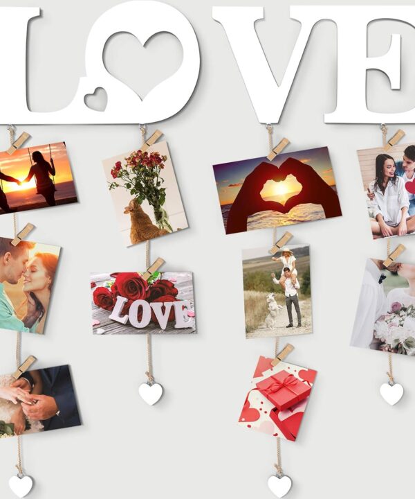 Chuangdi Valentine Picture Frames Love Hanging Photo Display Wall Decor with Clips String Picture Hanger Heart Design Decorative Organizer Display for Home Bedroom Living Room Decoration (White)