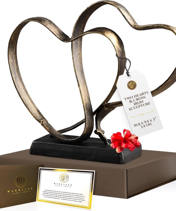 DCAPILLA Wedding Anniversary Couples Gift - Two Hearts and Cross Iron Sculpture, Heart Decoration Gift for Her and Him, 1st to 50th or 60th Anniversary, Includes Present Box and Poem Card