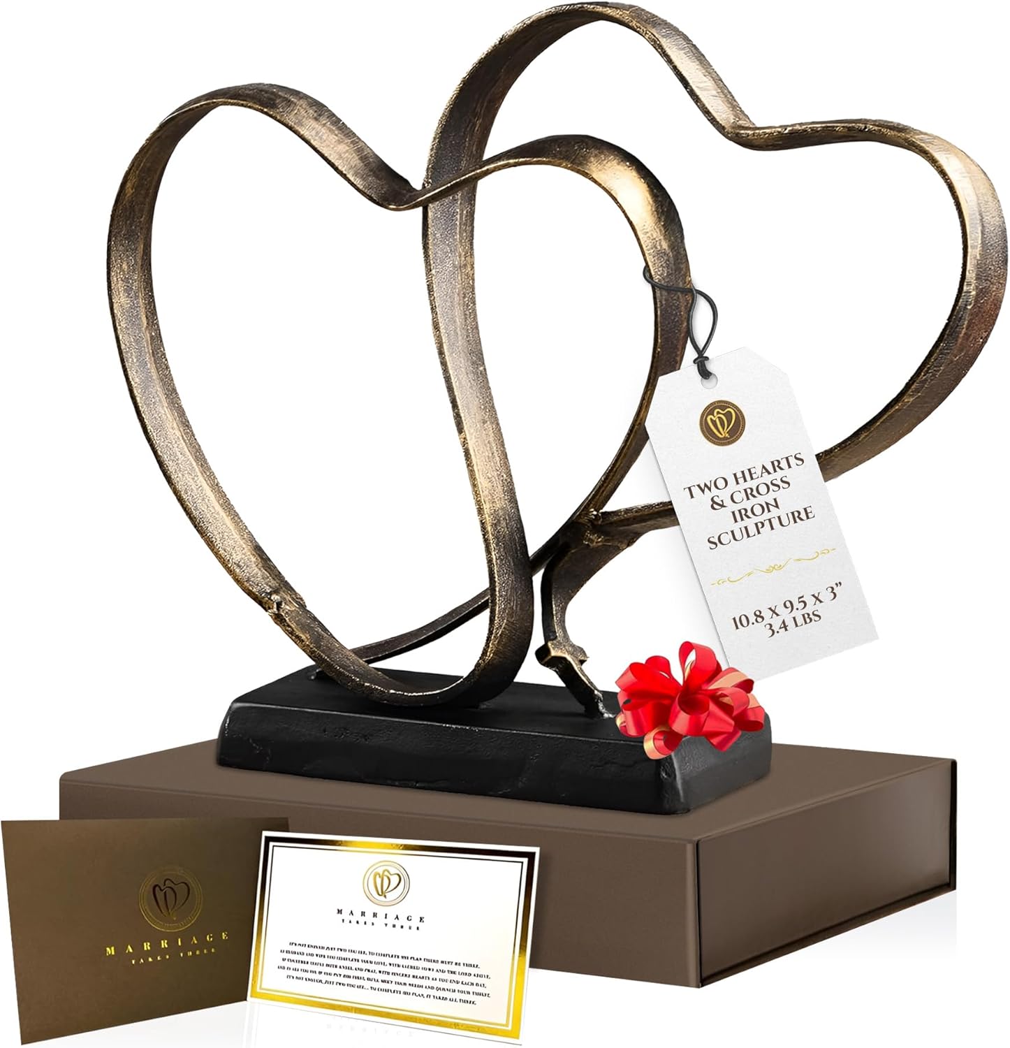 DCAPILLA Wedding Anniversary Couples Gift - Two Hearts and Cross Iron Sculpture, Heart Decoration Gift for Her and Him, 1st to 50th or 60th Anniversary, Includes Present Box and Poem Card