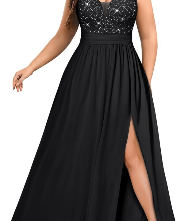 MISSMAY Women's Plus Size Sequined Lace V Neck Sleeveless Slit Vintage Evening Party Formal Maxi Dress