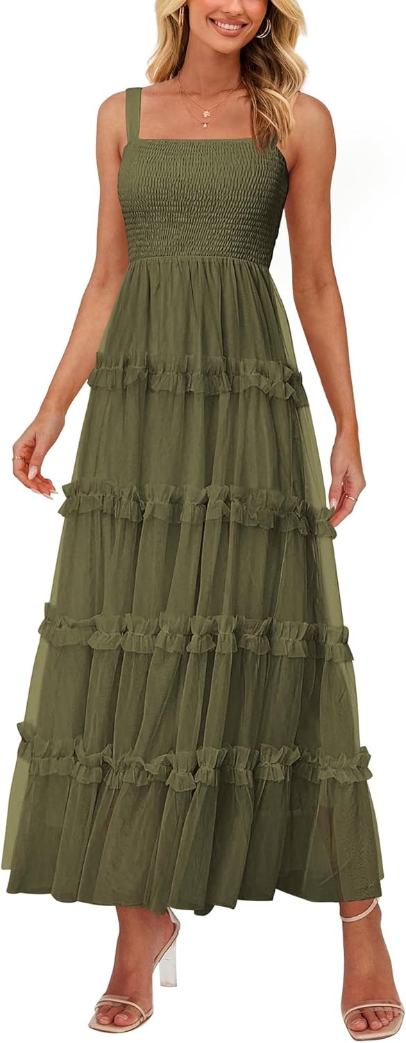PRETTYGARDEN Women's Summer Dresses 2025 Sleeveless Smocked Tiered Ruffle Tulle A-Line Flowy Wedding Party Maxi Dress