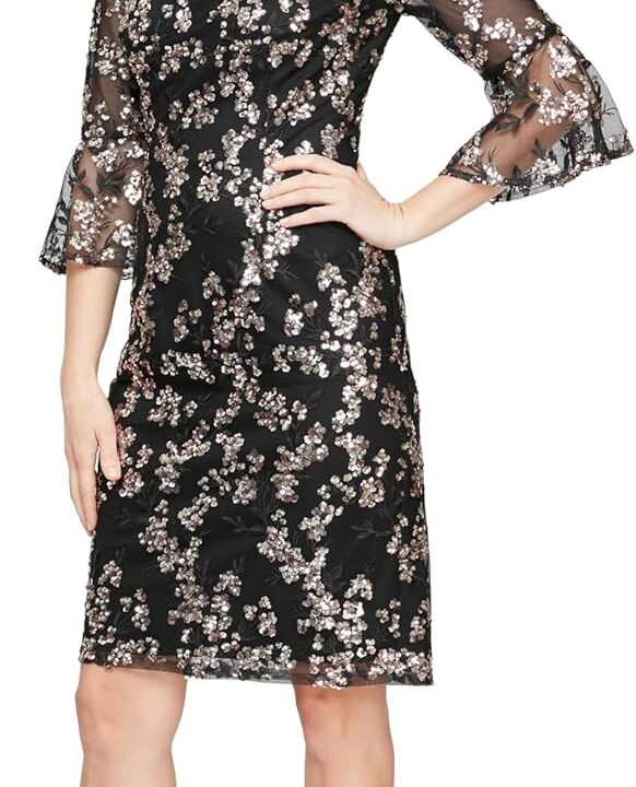 Alex Evenings Womens Short Shift Cocktail Gown with Bell Sleeves, Formal Events, Wedding Guest Dress