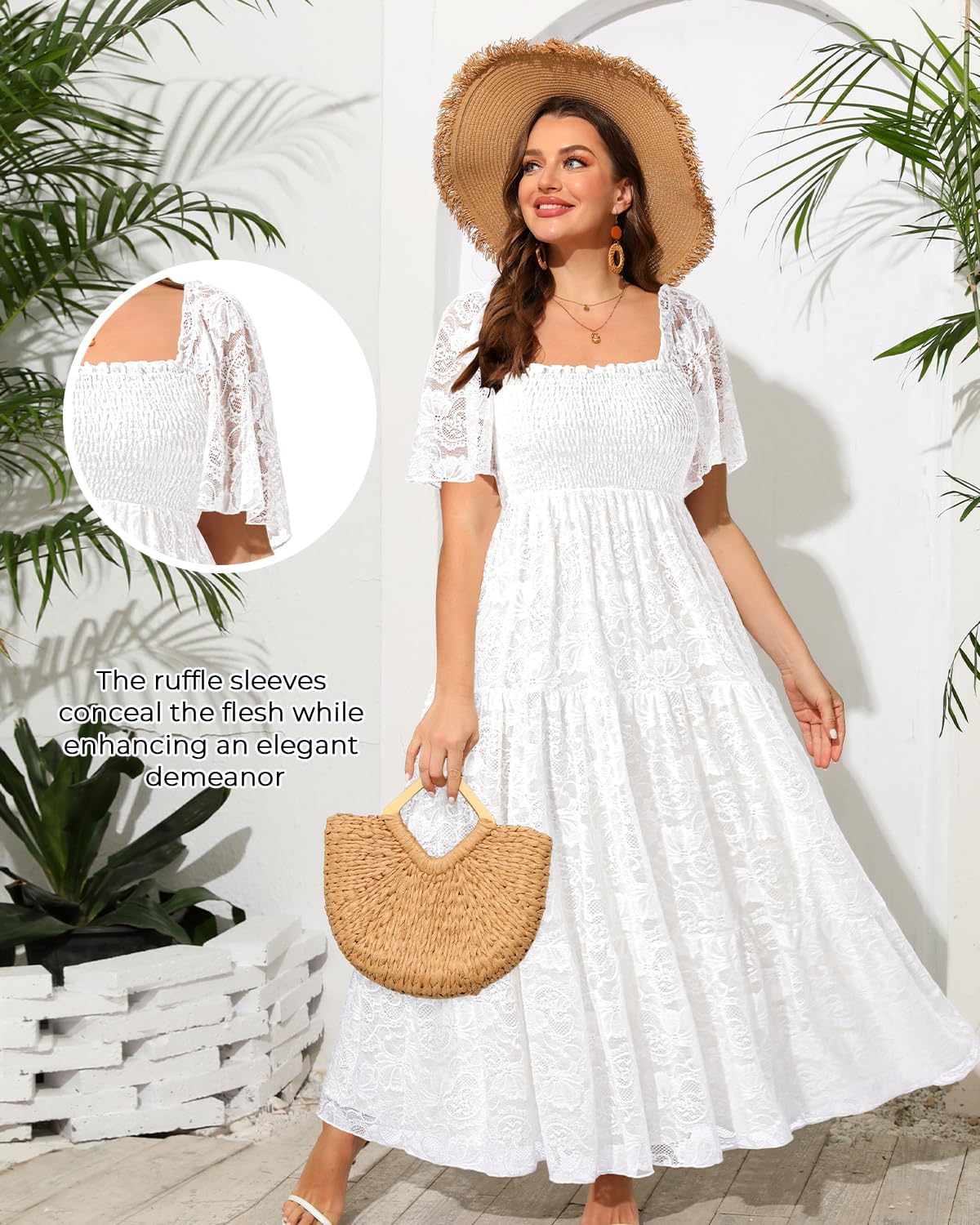 Plus Size Wedding Dress Bride Boho Lace Formal Square Neck Ruffle Sleeves Long Dresses for Curvy Women