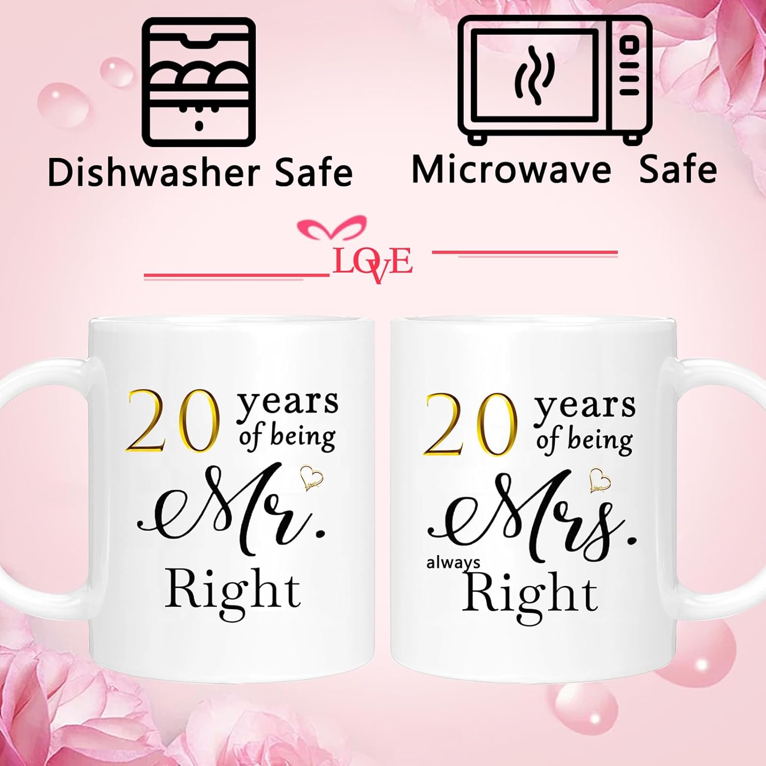 20th Anniversary Coffee Mugs Set of 2, 20 Year Anniversary Wedding Gifts Decorations for Couple Parents Men Women Husband Wife Him Her, Gift Box Packaging, 11oz