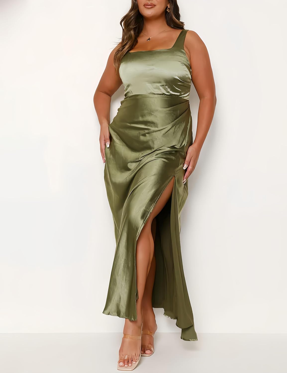 Fiemaoves Summer Vacation Satin Maxi Dresses for Women 2025 Square Neck Formal Elegant Tank Top Wedding Guest Dress with Slit